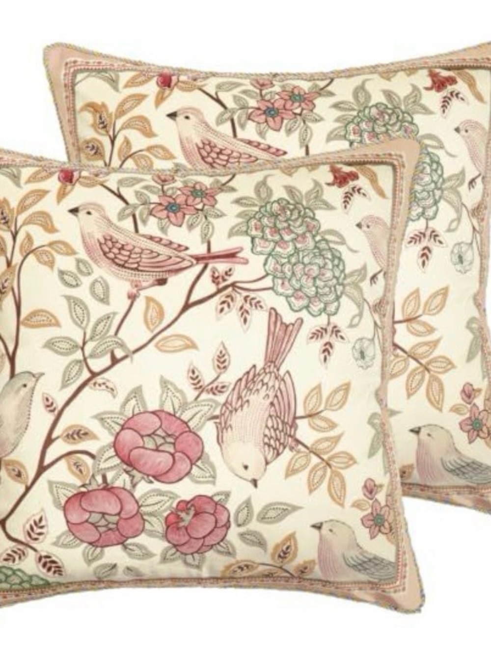 Floral Bird Embroidered Accent Pillow - Pink & Cream